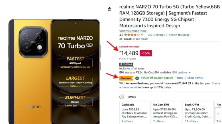 Realme Narzo 70 Turbo, 50MP ट्रिपल कैमरा और 26GB RAM के साथ कीमत हुई कम Realme Narzo 70 Turbo Discount Offer